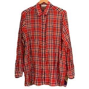 Johnny Was 3J Workshop Plaid With Asian Dragon Print Button Up Boho Shirt Size M